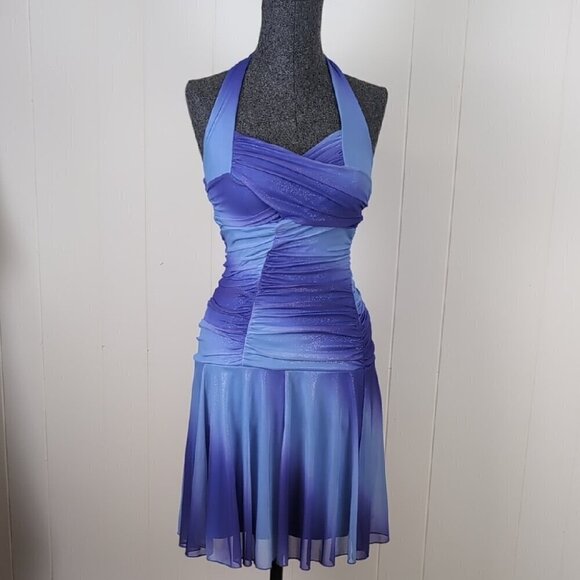 Le Chateau Blue and Purple Ruched Taylor Swift inspired Halter Dress - Picture 1 of 12